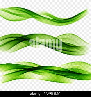 Set abstract color wave transparent green vector curve flow motion illustration smoke design lines Stock Vector