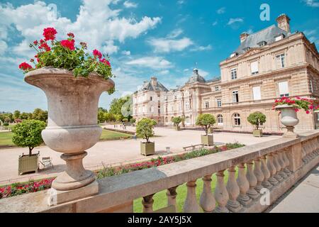 famous tourist attraction is the Luxembourg Palace and garden in the old city of Paris. Tourism and travel to France Stock Photo