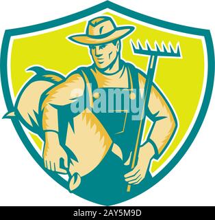 Organic Farmer Rake Woodcut Shield Retro Stock Photo - Alamy