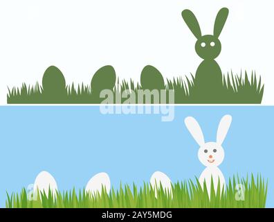 Happy Easter Bunny and eggs in the grass. Easter Egg Hunt theme. Stock Vector