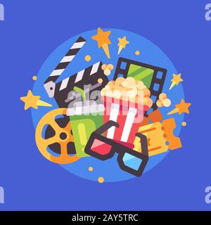 Cinema items. Movie theater flat illustration Stock Vector