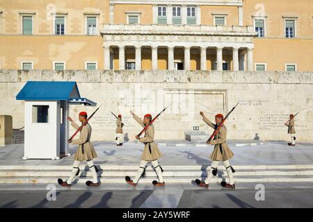 ATHENS, GREECE - AUGUST 14: Changing guards near parliament on September 14, 2010 in Athens, Greece Stock Photo