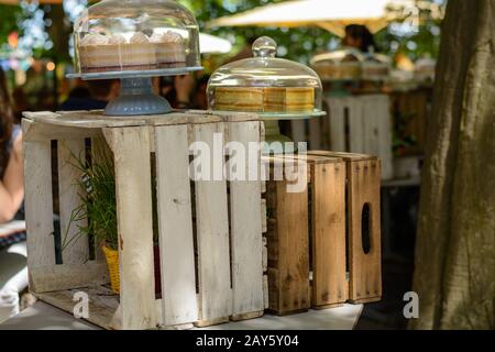 modern rustic solid wood furniture - showcase made of wooden crate Stock Photo
