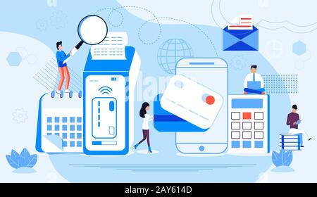 NFC terminal concept vector. NFC payments by bank credit card. POS terminal confirms e-payment using smartphone. Customers make contactless or Stock Vector