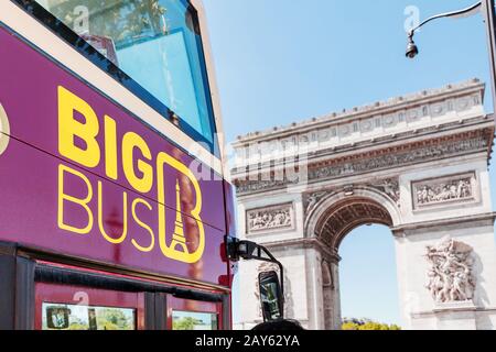 29 July 2019, Paris, France: Big Bus sightseeing tour near Arch de Triumph