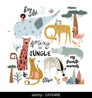 Set of cartoon wild animals on white background Stock Vector