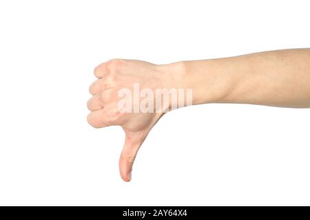 Male hand thumb down, isolated on white background. Gestures Stock Photo