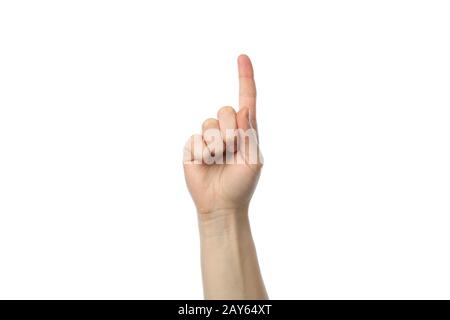 Female hand points, isolated on white background Stock Photo