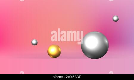 Golden and silver metallic 3D primitives, realistic geometric vector illustration for web and print decoration, elegant motion figures of pink empty s Stock Vector