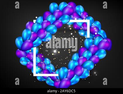 Shiny purple and metallic blue balloons with white frame on shiny striated  surface, cute concept for elegant  birthday card or sale, luxury abstract Stock Vector