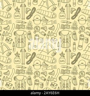 Hiking or backpacking seamless pattern. Trekking equipment background. Camping doodle print. Vector illustration. Stock Vector