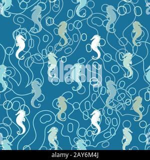 seahorses monochromatic marine seamless vector pattern in blue colors. Stock Vector