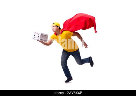 Super hero pizza delivery guy isolated on white Stock Photo