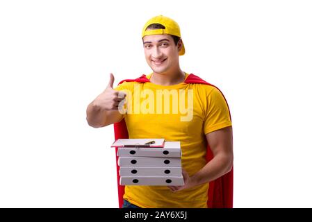 Super hero pizza delivery guy isolated on white Stock Photo