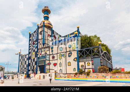 19 July 2019, Vienna, Austria: Famous Hundertwasser architecture building Spittelau trash incineration factory Stock Photo