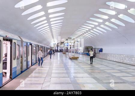 03 May 2019, Moscow, Russia: Train arrives at metro station Stock Photo
