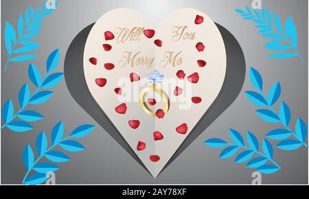 paper cut heart on abstract floral background with ring and rose petals Stock Vector