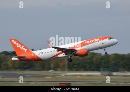 EasyJet A320 plane taking off at London Stansted Airport