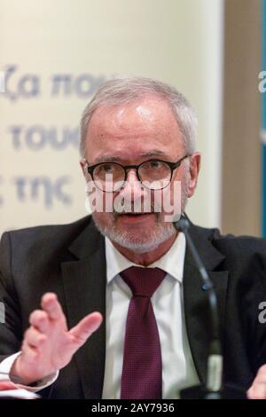 Athens, Greece. 14th Feb, 2020. President of the European Investment Bank Werner Hoyer speaks during a press conference in Athens, Greece, on Feb. 14, 2020. The European Investment Bank (EIB) will channel billions of euros this year to Greece to assist the recovery of its economy, the lender's president Werner Hoyer told Xinhua here on Friday. Credit: Marios Lolos/Xinhua/Alamy Live News Stock Photo