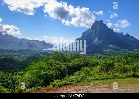 Aerial view of Opunohu, Cook’s Bay and lagoon in Moorea Island Stock Photo