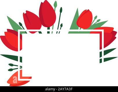 Bright spring vector frame with red tulip flowers and green leaves isolated on white. Greeting card template, poster. Design concept for banner Stock Vector