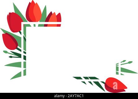 Vector layout. Bright frame with red tulip flowers and green leaves isolated on white. Greeting card template, poster. Design concept for banner Stock Vector