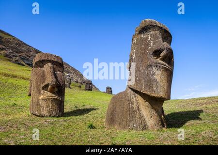 Moais statues on Rano Raraku volcano, easter island Stock Photo