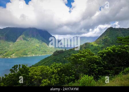 Aerial view of Opunohu Bay and lagoon in Moorea Island Stock Photo