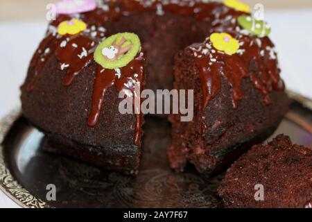 chocolate cake with pear. Easter cake Homemade cake. Chocolate cake. A delicate and healthy cake.The perfect healthy dessert. Stock Photo