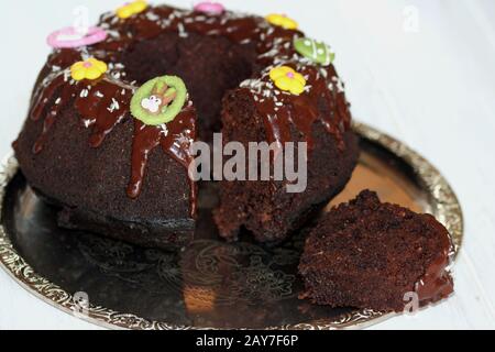 chocolate cake with pear. Easter cake Homemade cake. Chocolate cake. A delicate and healthy cake.The perfect healthy dessert. Stock Photo