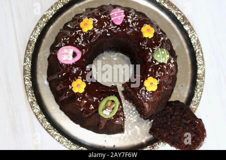chocolate cake with pear. Easter cake Homemade cake. Chocolate cake. A delicate and healthy cake.The perfect healthy dessert. Stock Photo