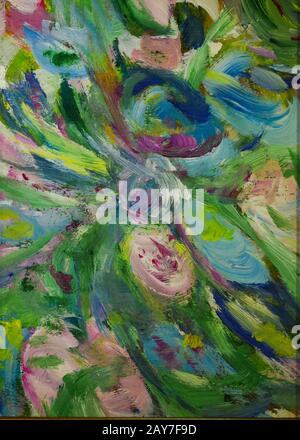 Abstract Painting in the French impressionist style, green, blue and violet brush strokes merging together Stock Photo