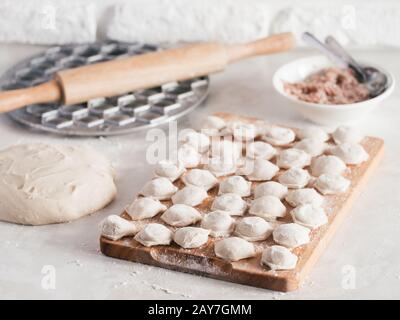 Process of making homemade pelmeni Stock Photo