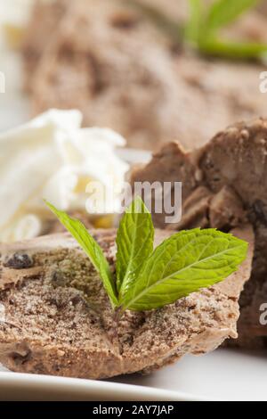 Close up of lemon balm on chocolate ice cream Stock Photo