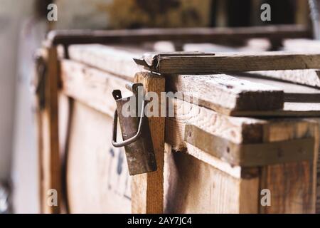 Old vintage box made of wood for sending and using on old post Stock Photo