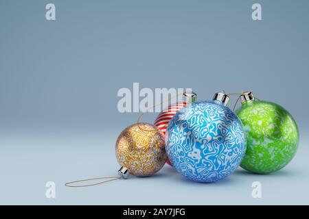 Christmas,New year, Christmas tree toys balls of different colors, close-up on blue background Stock Photo