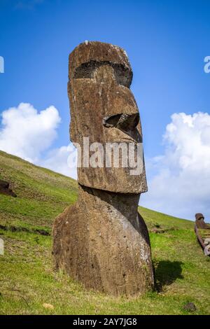 Moais statues on Rano Raraku volcano, easter island Stock Photo