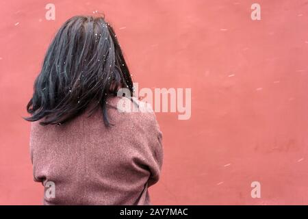 Portrait of a woman in a burgundy coat with long black hair view from the back Stock Photo