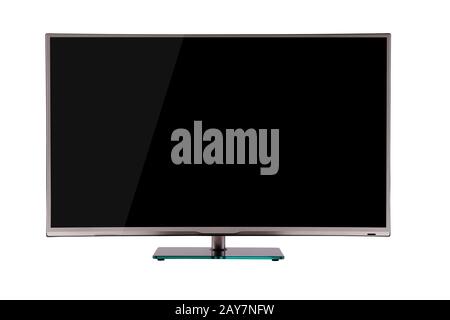 modern thin plasma LCD TV on a silver black glass stand isolated Stock Photo