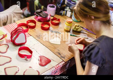woman manufacturing purses Stock Photo