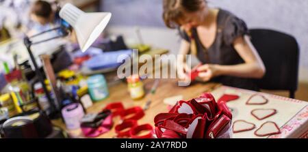 woman manufacturing purses Stock Photo