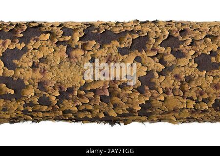 the old yellow paint on the pipe is peeling off rust. Stock Photo