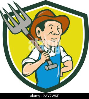 Farmer Holding Pitchfork Shoulder Crest Cartoon Stock Photo