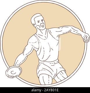 Track and Field Discus Thrower Circle Mono Line Stock Photo