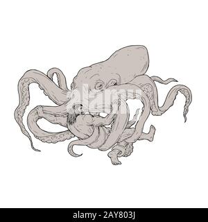 Hercules Fighting Giant Octopus Drawing Stock Photo