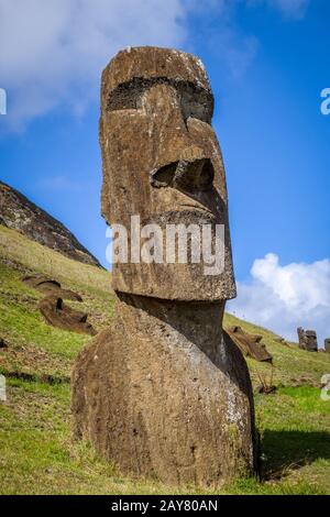 Moais statues on Rano Raraku volcano, easter island Stock Photo