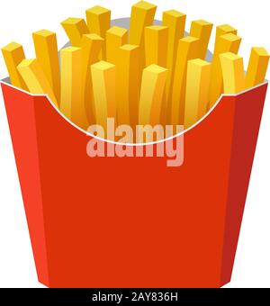 French fries potato tasty fast street food in red paper carton package box. Vector flat eps illustration isolated on white background Stock Vector