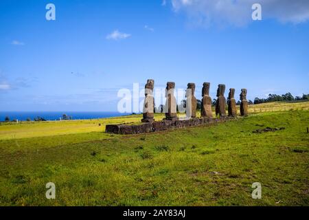 Moais statues, ahu Akivi, easter island Stock Photo