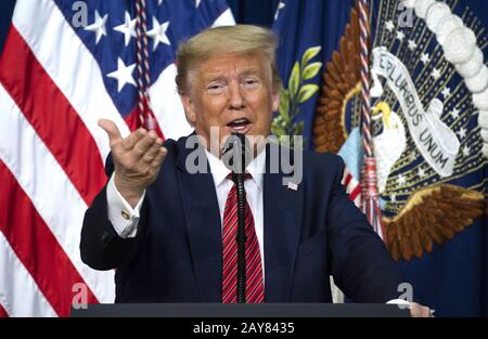 Washington DC, USA. 14th Feb, 2020. President Donald Trump speaks on border security as he addresses the National Border Patrol Council, at the White House in Washington, D.C. on February 14, 2020. Credit: UPI/Alamy Live News Stock Photo