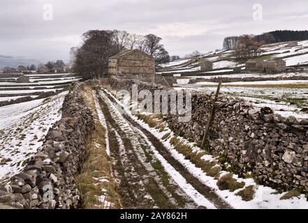 Snow-covered Winter Yorkshire Dales landscape near Hawes in Wensleydale, with dry stone walls and traditional field barns. Stock Photo